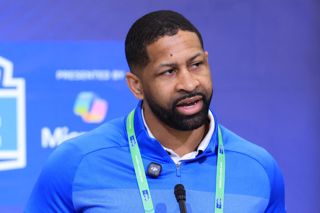 General manager Andrew Berry of the Cleveland Browns speaks to the media during the 2026 NFL Scouting Combine at Lucas Oil Stadium.