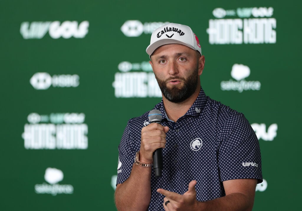 Jon Rahm of Legion XIII speaks to the media during a press conference ahead of LIV Golf Hong Kong