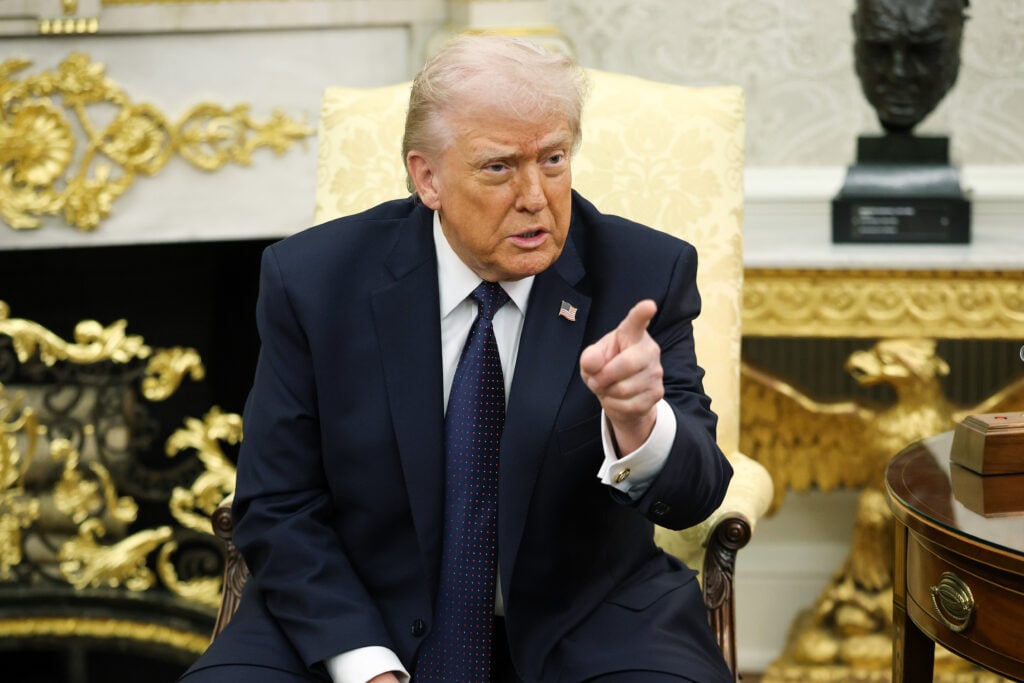 U.S. President Donald Trump takes questions from the media during a bilateral meeting with German Chancellor Friedrich Merz in the Oval Office of the White House on March 03, 2026 in Washington, DC. Trump and Merz are expected to discuss a range of topics including the recent U.S. and Israeli attacks on Iran and international tariffs imposed by the Trump administration.