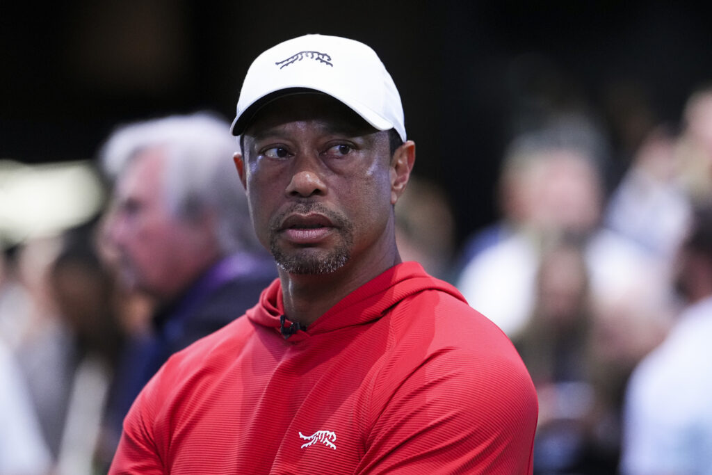 Tiger Woods looks on ahead of a match in TGL.