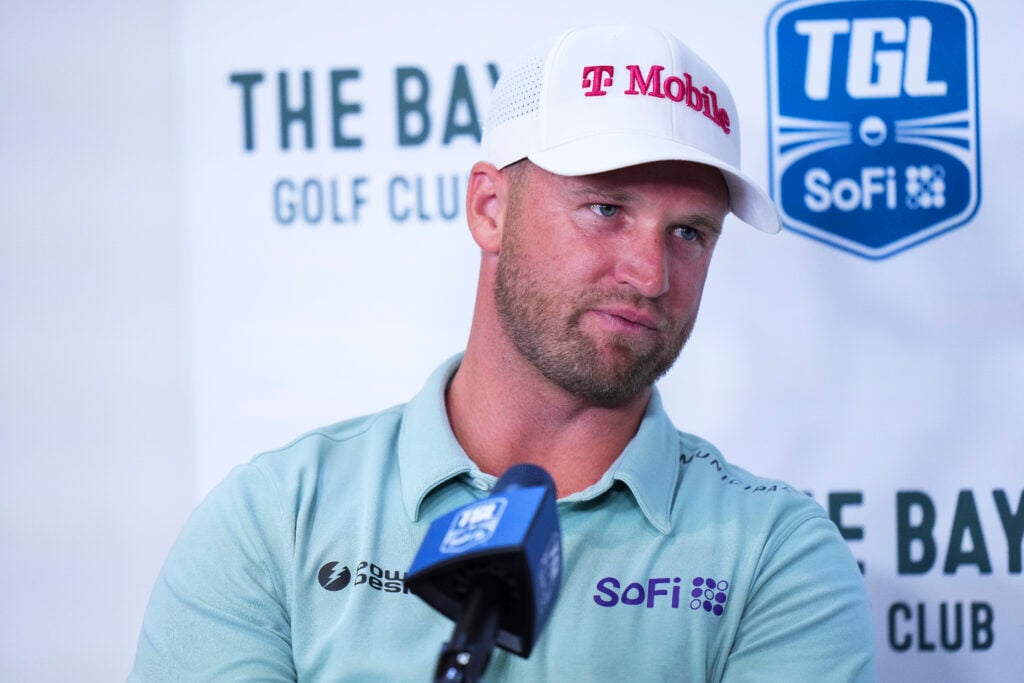 Wyndham Clark of The Bay Golf Club talks with reporters after a match against Jupiter Links GC at SoFi Center