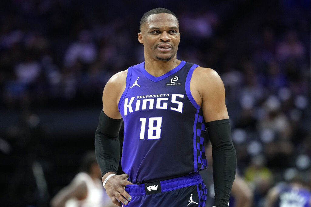 Russell Westbrook #18 of the Sacramento Kings looks on against the Phoenix Suns in the first half of an NBA basketball game at Golden 1 Center.