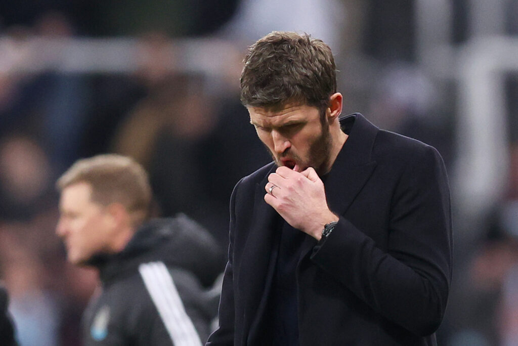 Michael Carrick, Manager of Manchester United, looks dejected following the Premier League match between Newcastle United and Manchester United at St James' Park.