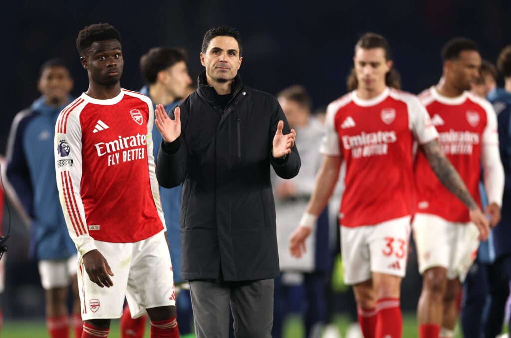 Bukayo Saka of Arsenal and Mikel Arteta, Manager of Arsenal react following the Premier League match between Brighton & Hove Albion and Arsenal at Amex Stadium.
