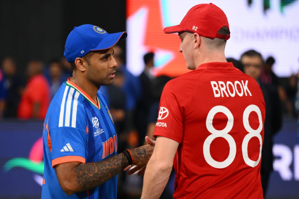 India captain Suryakumar Yadav speaks with England captain Harry Brook after the ICC Men's T20 World Cup India & Sri Lanka 2026 Semi-Final match between at Wankhede Stadium.