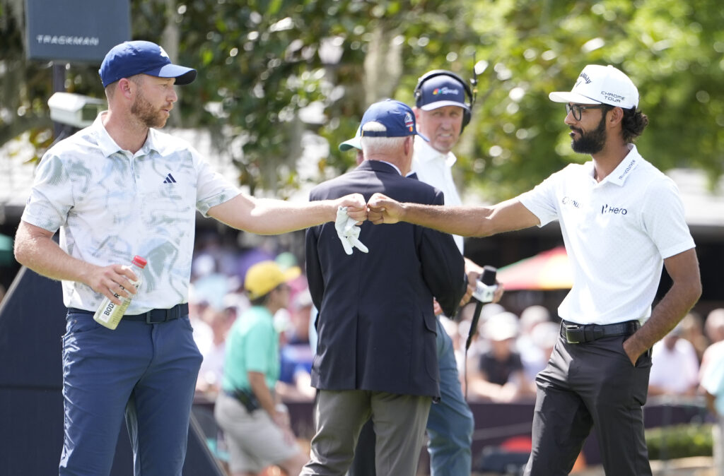 Akshay Bhatia with Daniel Berger ahead of the play-off at the Arnold Palmer Invitational at Bay Hill