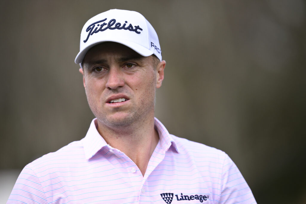Justin Thomas of the United States reacts reacts on the third hole during the second round of the Arnold Palmer Invitational presented by Mastercard 2026 at Arnold Palmer Bay Hill Golf Course