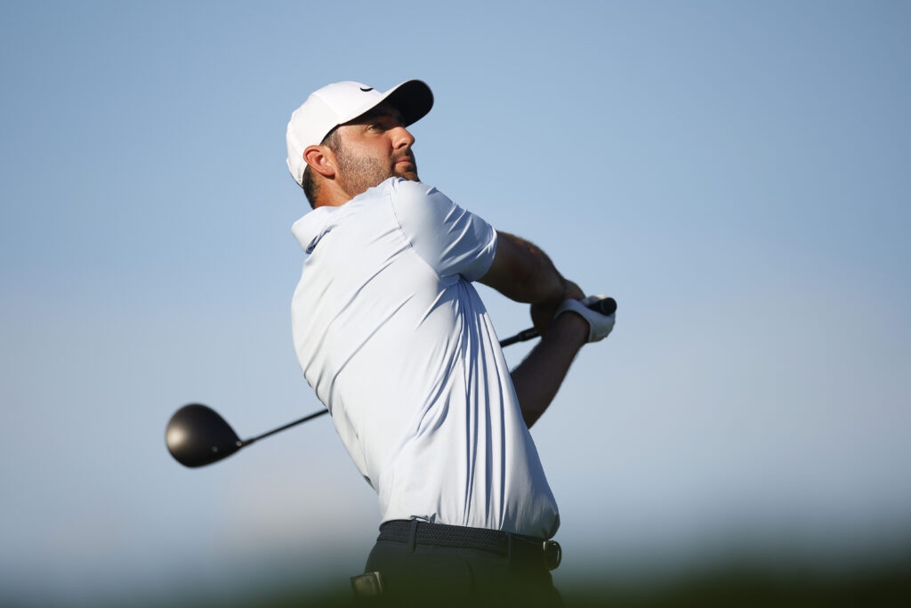 Scottie Scheffler hits a tee shot during the second round of the Arnold Palmer Invitational