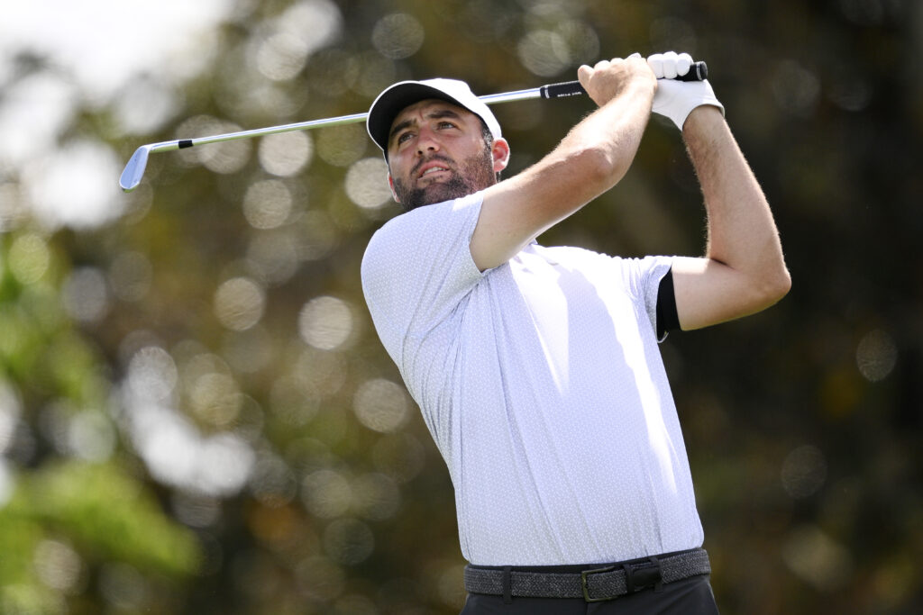 Scottie Scheffler hits a tee shot during the third round of the Arnold Palmer Invitational