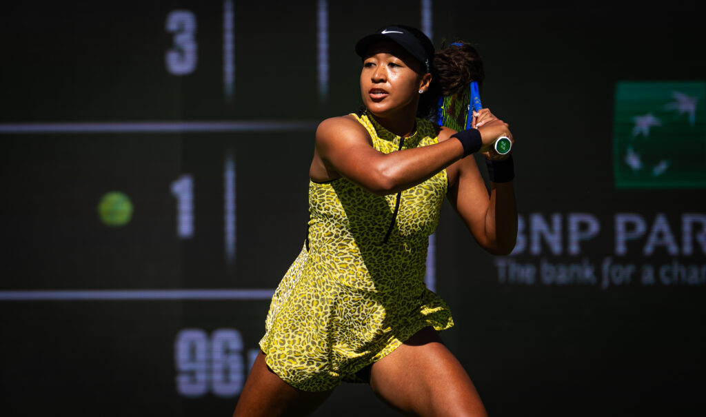 Naomi Osaka in action during her match against Aryna Sabalenka at Indian Wells in 2026.