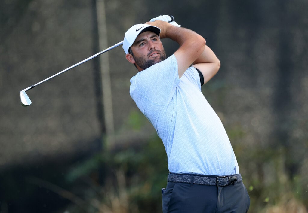 Scottie Scheffler hits a tee shot during the third round of the Arnold Palmer Invitational