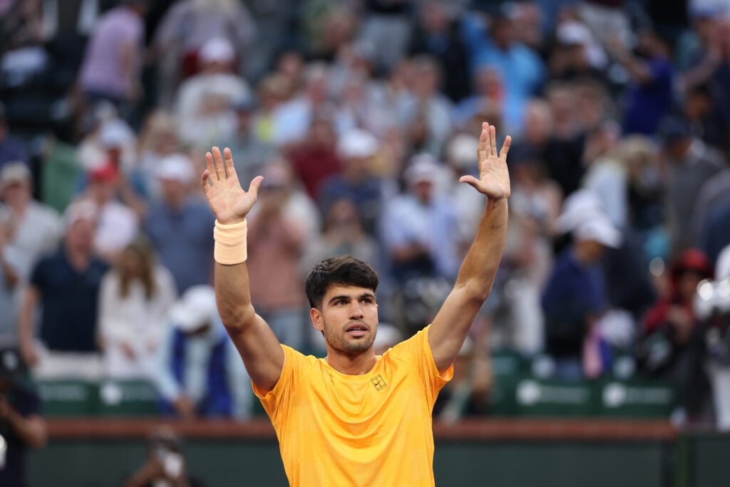 Carlos Alcaraz celebrates after beating Grigor Dimitrov at Indian Wells in 2026.