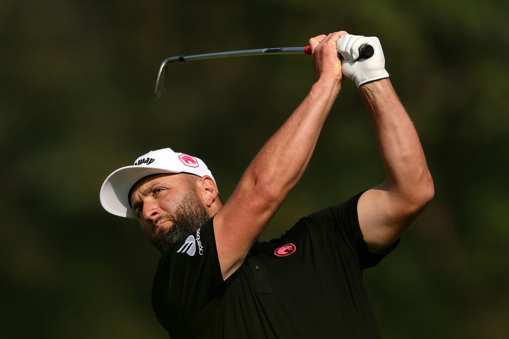Jon Rahm of Legion XIII plays his second shot on the 17th hole during day four of LIV Golf Hong Kong at Hong Kong Golf Club on March 08, 2026