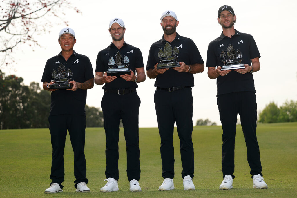The 4Aces celebrate with their trophies after winning the team event in LIV Golf Hong Kong