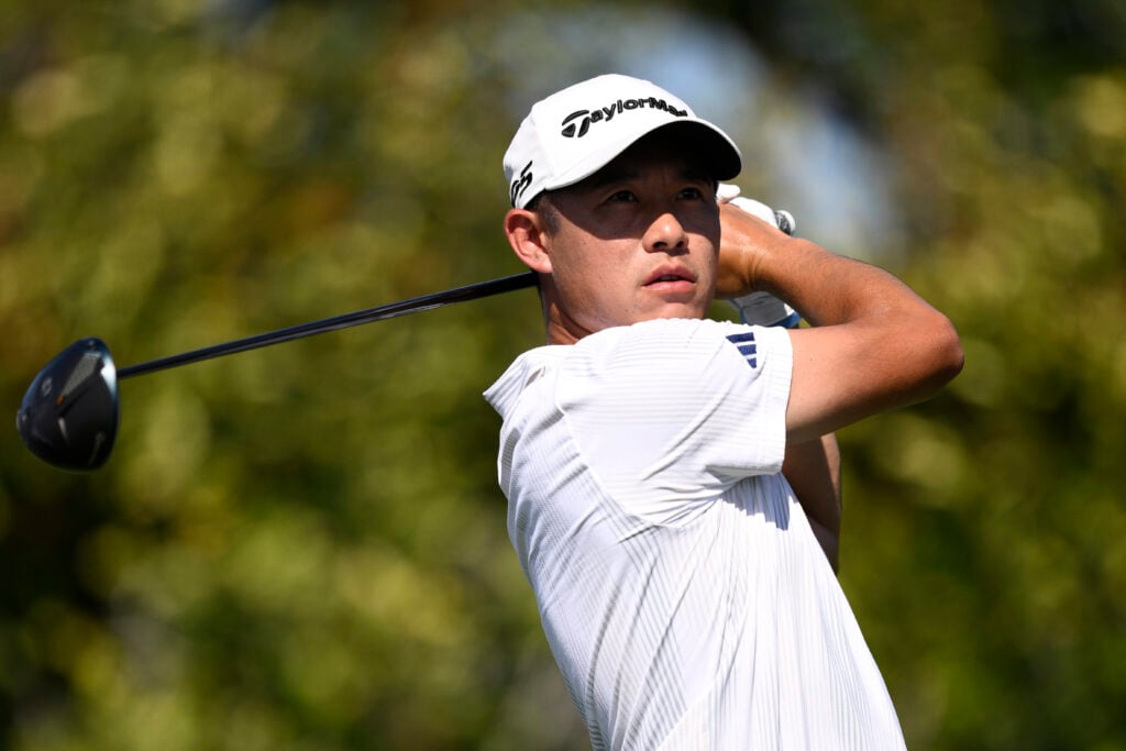 Collin Morikawa of the United States watches a tee shot on the ninth hole during the final round of the Arnold Palmer Invitational