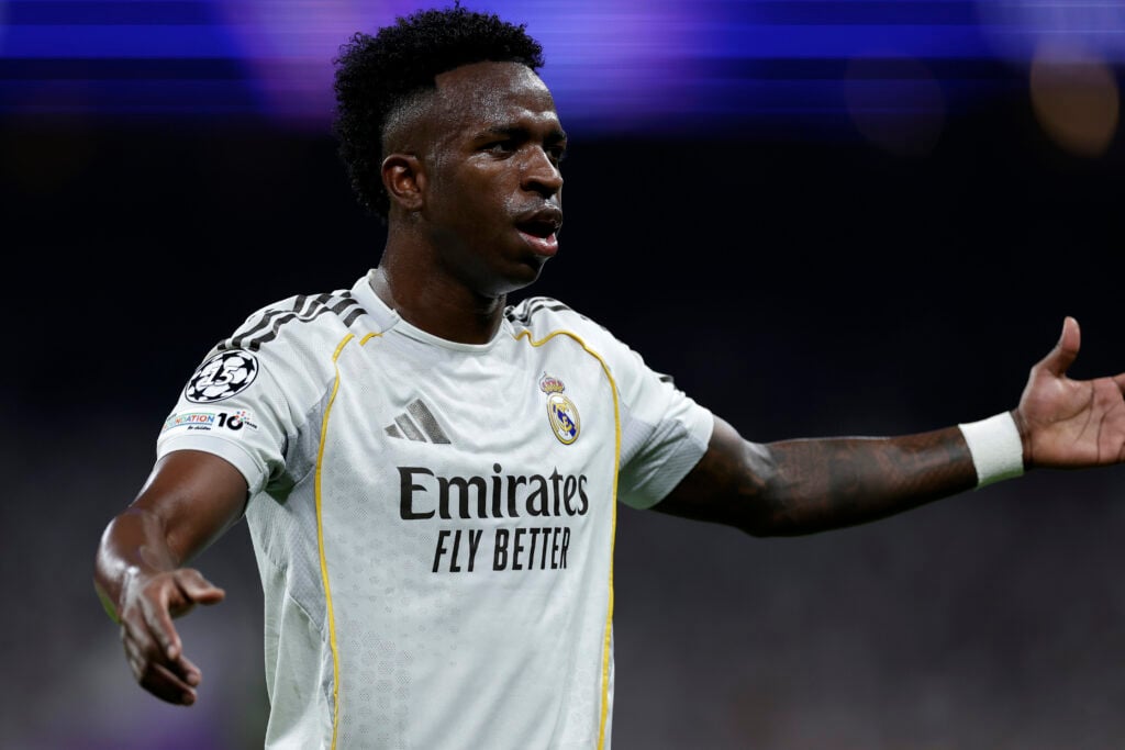 Vinicius Junior of Real Madrid disappointed during the UEFA Champions League match between Real Madrid v Manchester City at the Estadio Santiago Bernabeu.