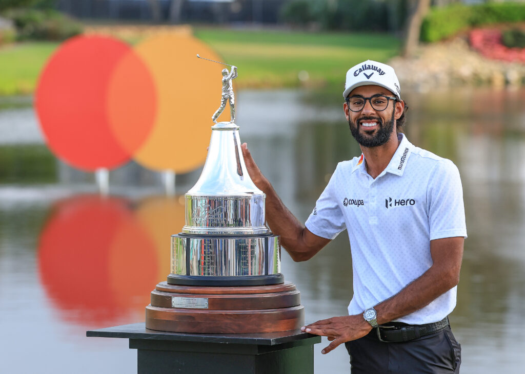 Akshay Bhatia poses with the trophy after his play-off win in the final round of the Arnold Palmer Invitational presented by Mastercard 2026 at Arnold Palmer Bay Hill