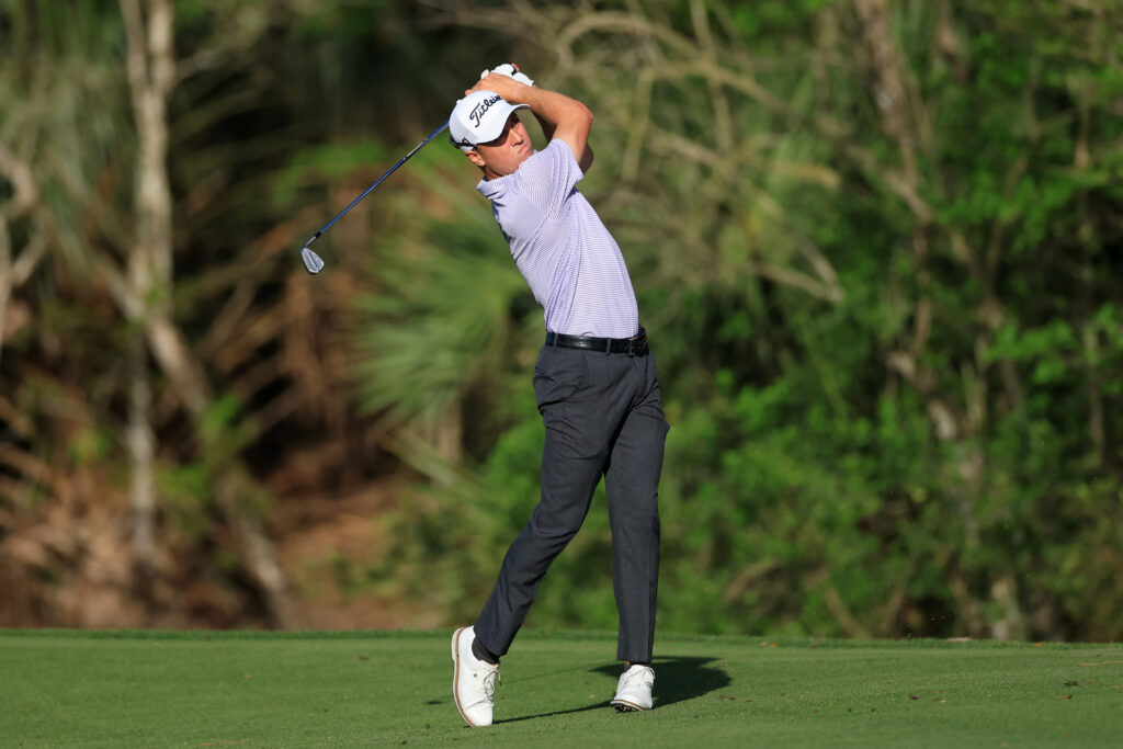 Justin Thomas of the United States hits an approach shot during the second round of THE PLAYERS Championship 2026 at THE PLAYERS Stadium course at TPC Sawgrass