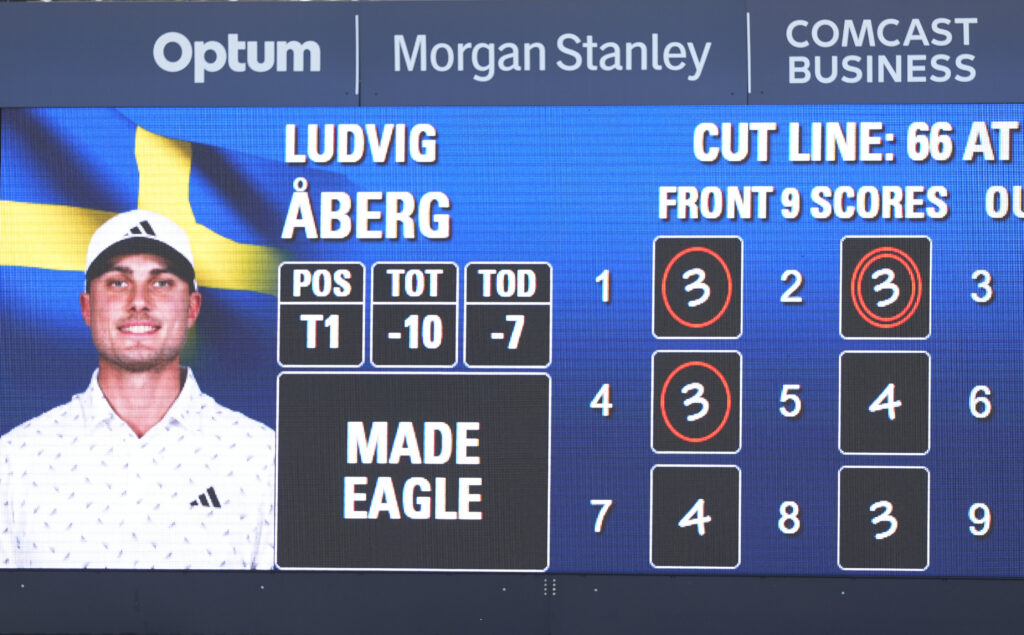 The scoreboard reflects that PGA golfer Ludvig Aberg made an eagle after chipping in for an eagle on the 9th hole during the second round of The Players Championship