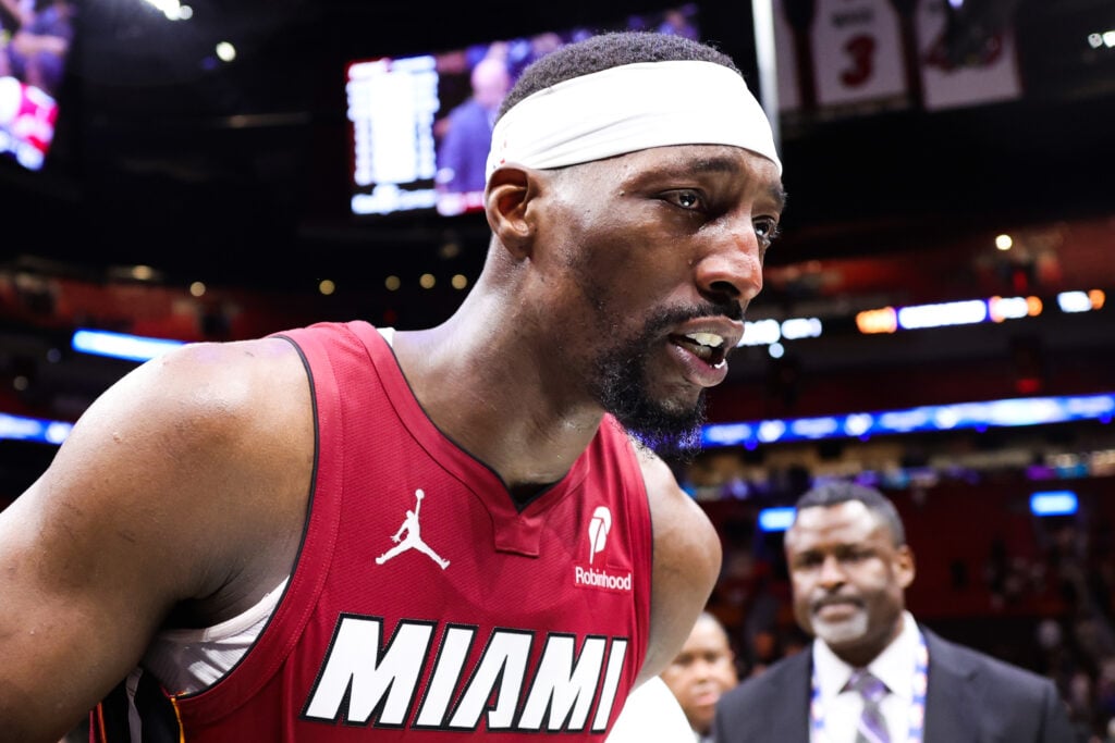 Bam Adebayo #13 of the Miami Heat leaves the court after a 150-129 win over the Washington Wizards at Kaseya Center.