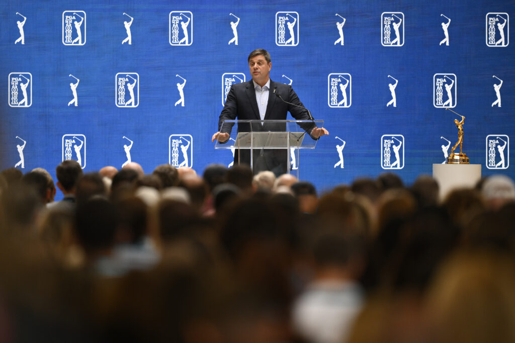 Brian Rolapp, CEO of the PGA Tour, speaks to the media prior to THE PLAYERS Championship 2026