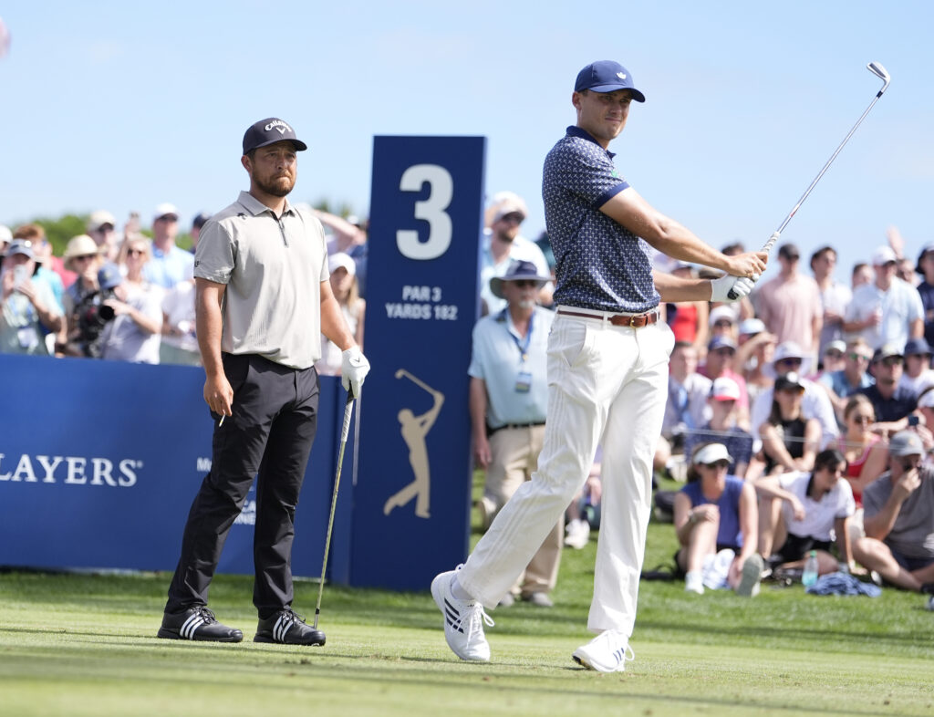 Xander Schauffele and Ludvig Aberg on the 3rd hole during the third round of The Players Championship at TPC Sawgrass