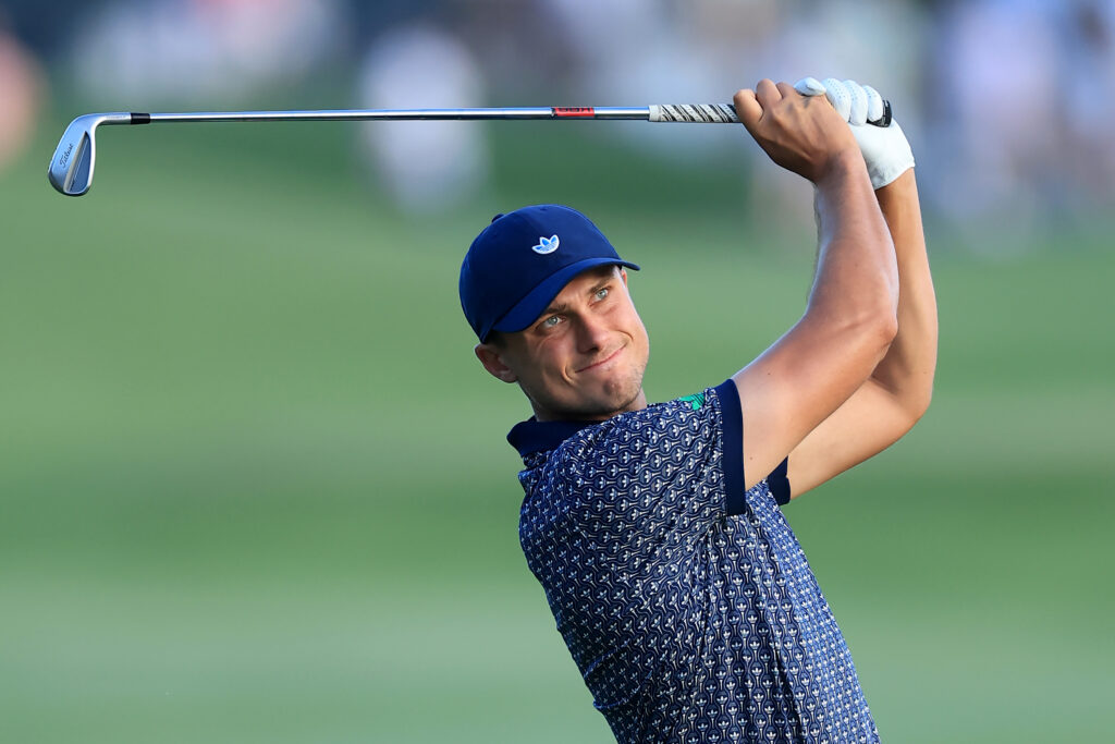 Ludvig Aberg hits his second shot on the 18th hole during the third round of THE PLAYERS Championship 2026 at THE PLAYERS Stadium course at TPC Sawgrass