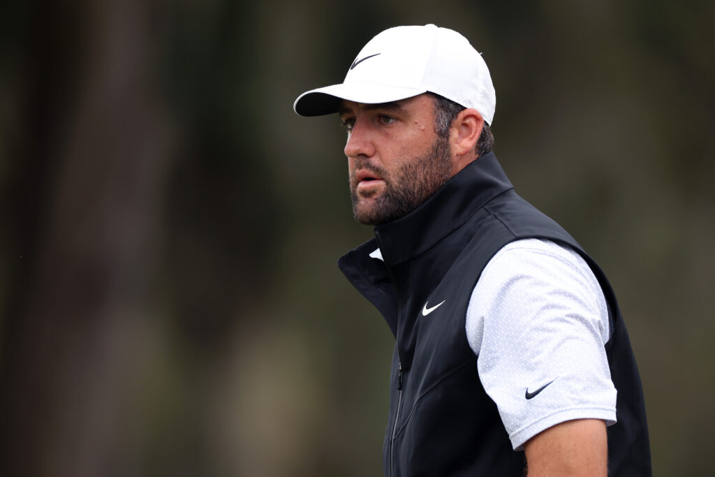Scottie Scheffler of the United States looks on from the ninth green during the first round of THE PLAYERS Championship 2026 at THE PLAYERS Stadium course at TPC Sawgrass