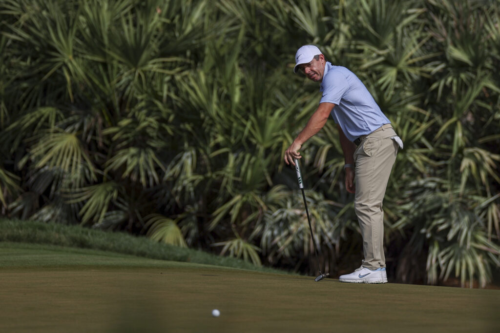 Rory McIlroy of Northern Ireland reacts after missing a putt on the tenth hole during THE PLAYERS Championship