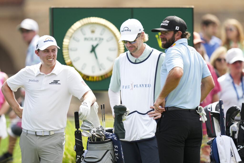Matt Fitzpatrick standing on the 18th tee with Cam Young on day four of THE PLAYERS Championship at TPC Sawgrass