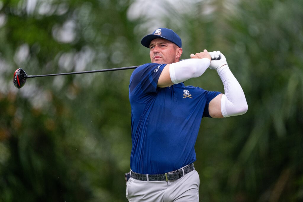 Bryson DeChambeau of Crushers GC tees off on hole 5 during day two of LIV Golf Singapore at Sentosa Golf Club
