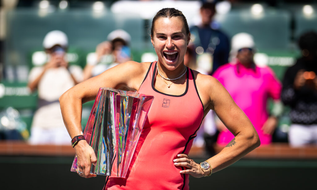 Aryna Sabalenka poses with the trophy after winning the Indian Wells title in 2026.