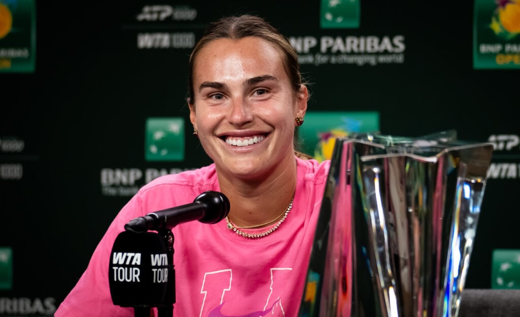 Aryna Sabalenka speaks to the media after winning the Indian Wells title in 2026.