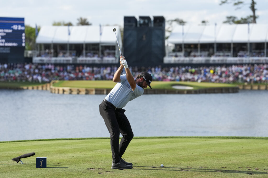 Cameron Young hits his tee shot on the 17th hole during the final round of The Players Championship