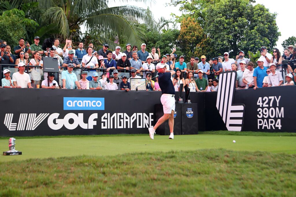 Lee Westwood of Majesticks Golf Club tees off at 1st hole during day three of LIV Golf Singapore at Sentosa Golf Club