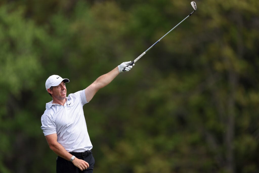 Rory McIlroy reacts to his approach on the 14th hole at TPC Sawgrass during the third round of The Players Championship