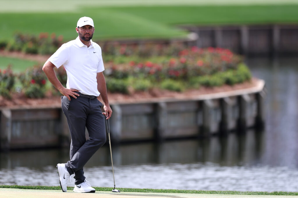 Scottie Scheffler waits on the 16th hole at TPC Sawgrass during the third round of The Players Championship