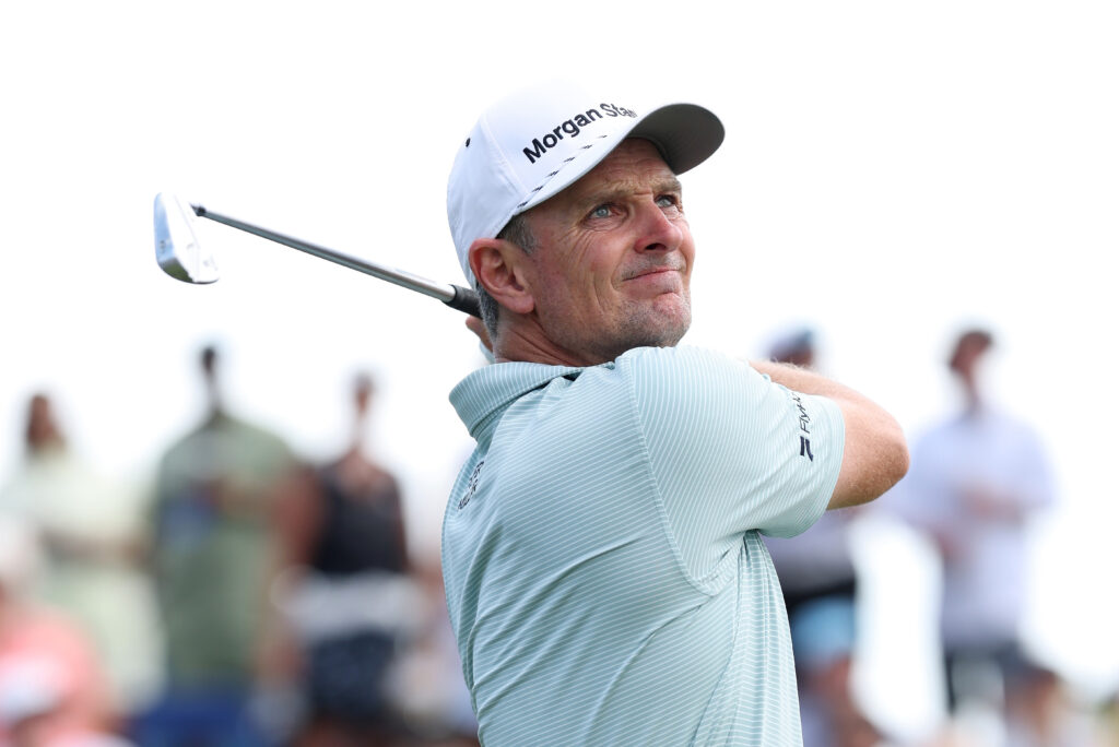 Justin Rose of England plays his shot from the third tee during the final round of THE PLAYERS Championship 2026 at THE PLAYERS Stadium course