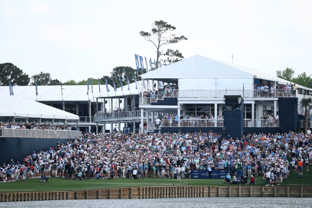 Cameron Young hits from the 18th tee during the final round of The Players Championship