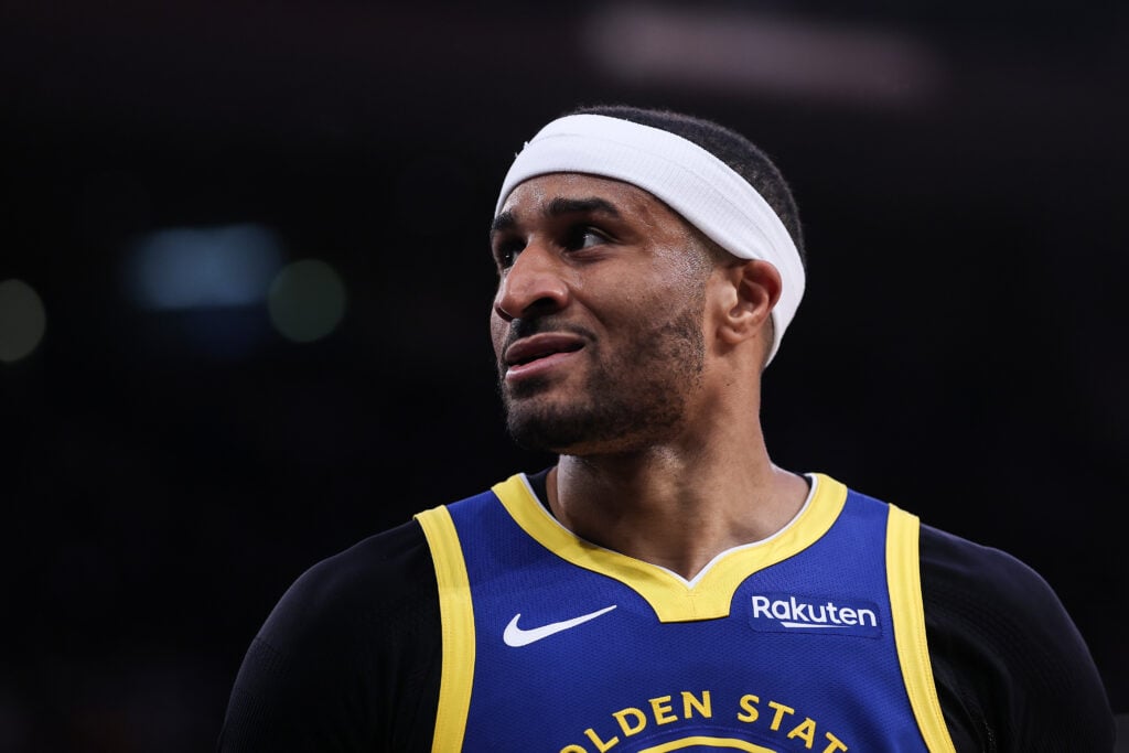 Gary Payton II #0 of the Golden State Warriors reacts during the fourth quarter of the game against the New York Knicks at Madison Square Garden.