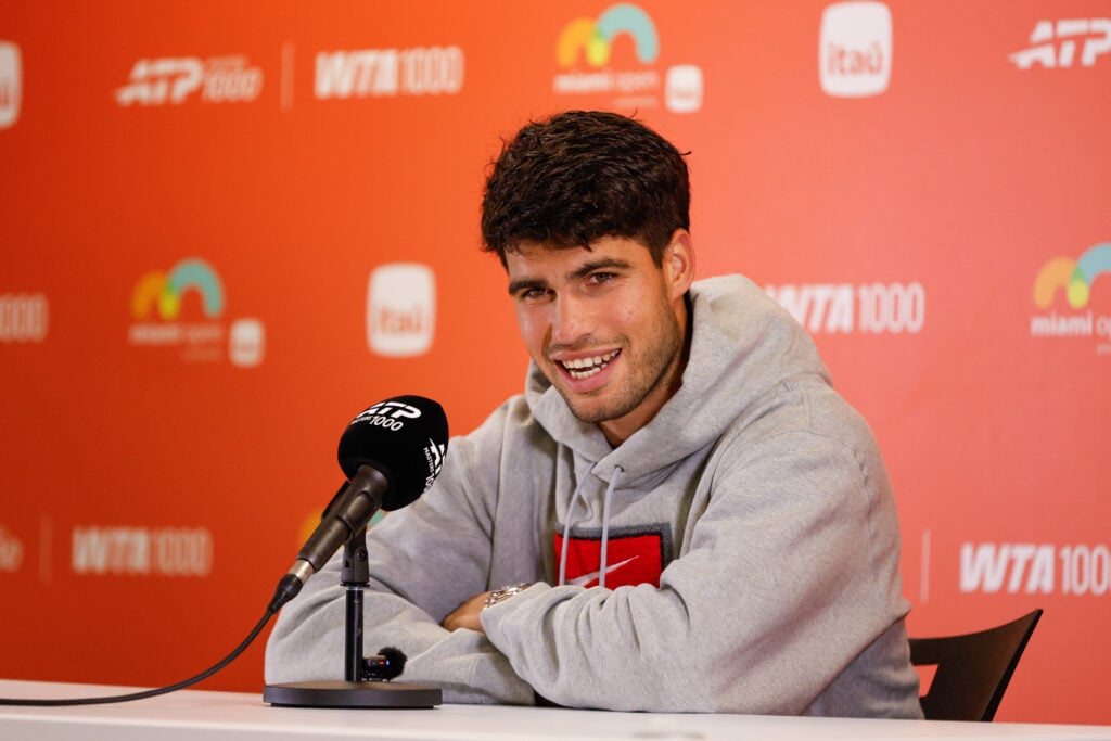 Carlos Alcaraz speaks in his pre-tournament press conference at the 2026 Miami Open.
