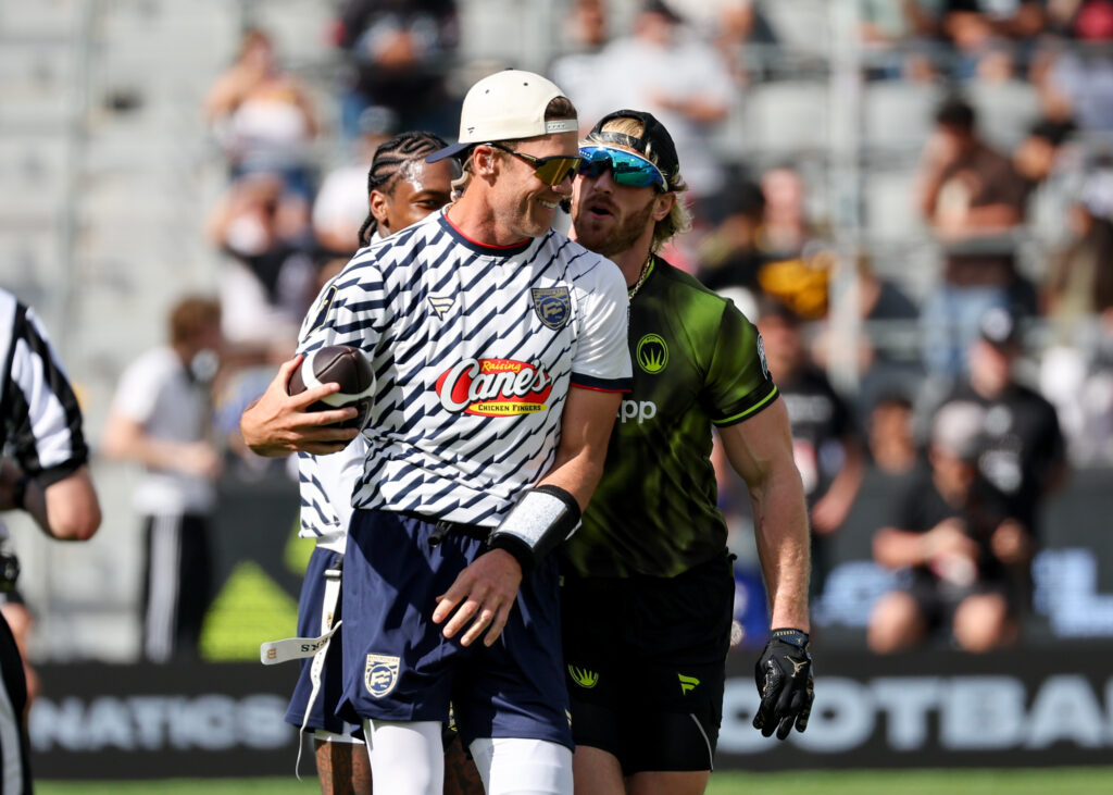 Tom Brady and Logan Paul at the Fanatics Flag Football Classic held at BMO Stadium.