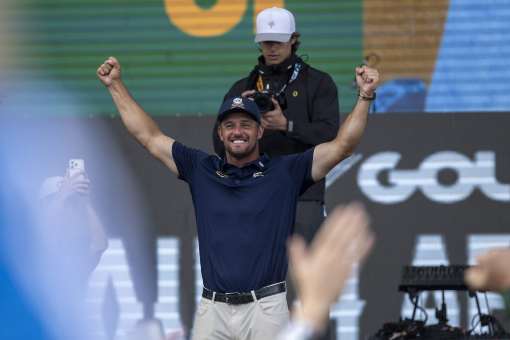 Bryson DeChambeau on the podium after winning LIV Golf South Africa