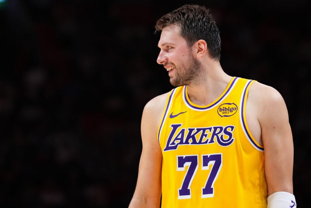 Luka Doncic #77 of the Los Angeles Lakers looks on against the Miami Heat during the fourth quarter at Kaseya Center.