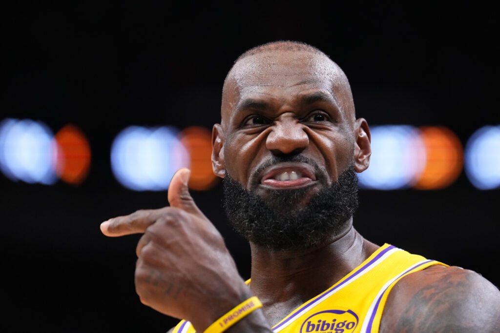 LeBron James #23 of the Los Angeles Lakers looks on against the Miami Heat during the fourth quarter at Kaseya Center.