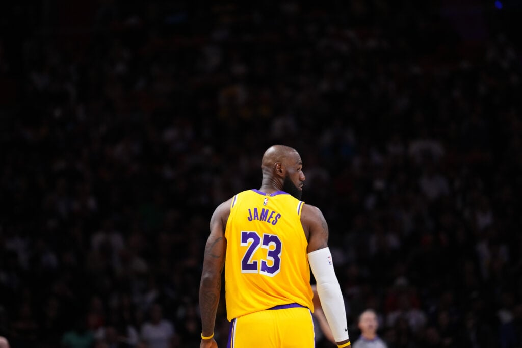 LeBron James #23 of the Los Angeles Lakers looks on against the Miami Heat during the first quarter at Kaseya Center.