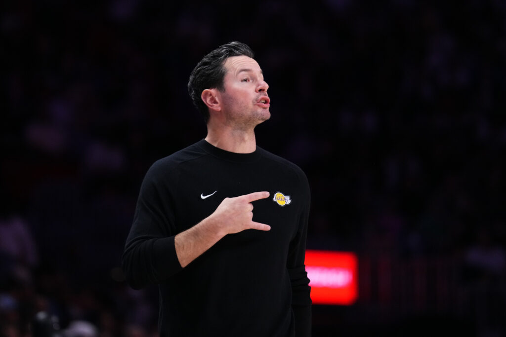 JJ Redick of the Los Angeles Lakers looks on against the Miami Heat during the first quarter at Kaseya Center.