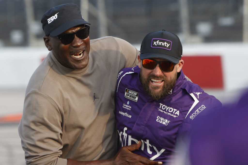 Michael Jordan co-owner of 23xi racing celebrates after Tyler Reddick (#45 23XI Racing Xfinity Toyota) won the NASCAR Cup Series Goodyear 400.