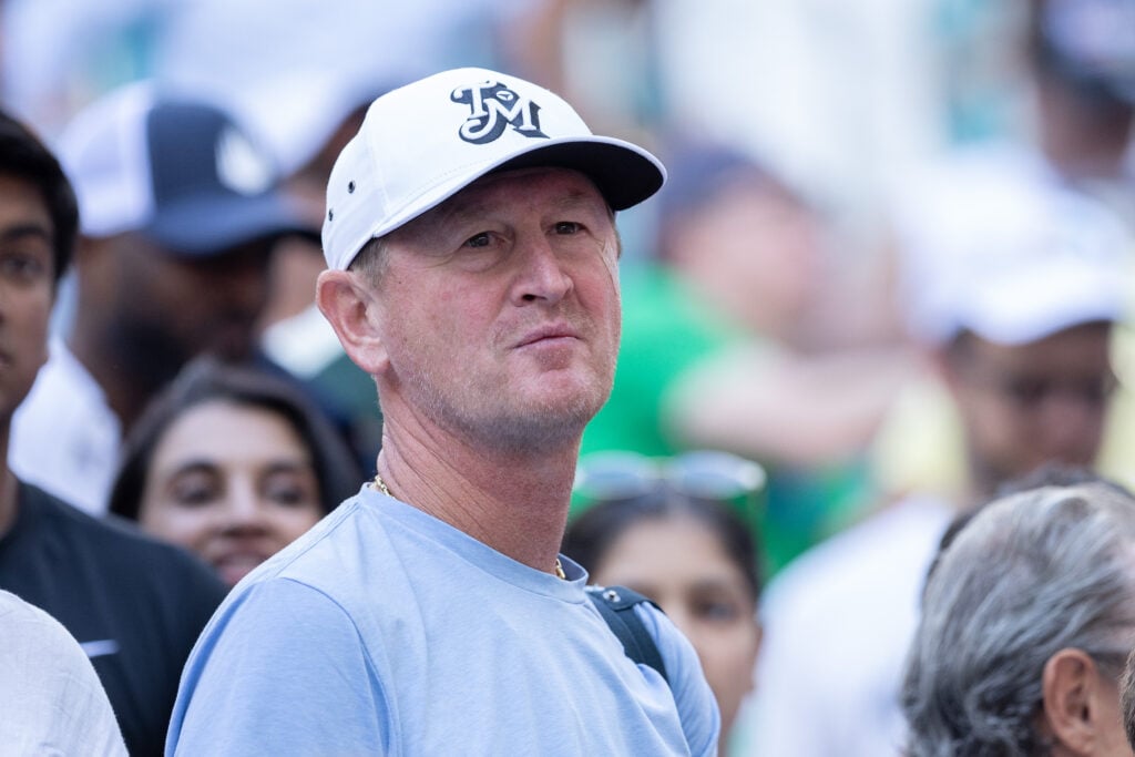 Petr Korda watches his son Sebastian Korda of the United States after he defeats Carlos Alcaraz of Spain during their match on Day 6 of the Miami Open at Hard Rock Stadium.