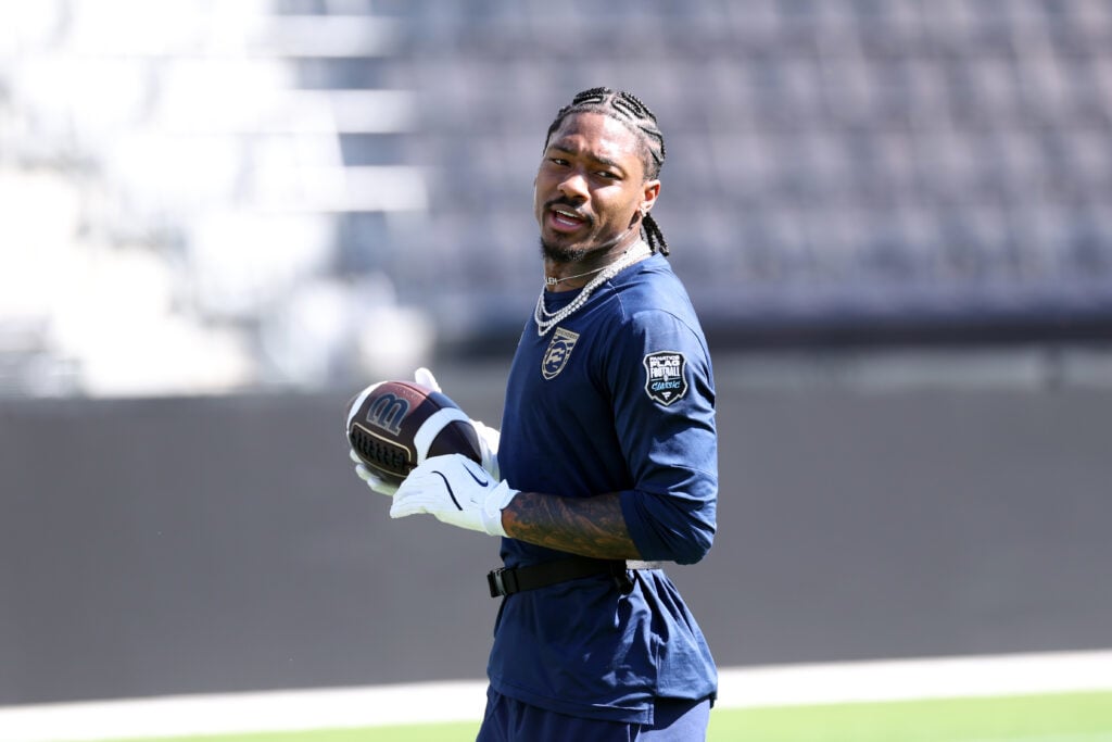Stefon Diggs warms up at the Practice and Press Conferences during the Fanatics Flag Football Classic at BMO Stadium.